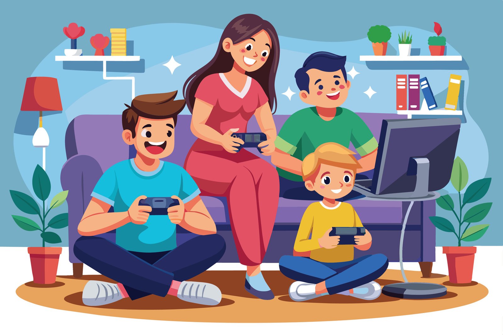 Family or friends gathered for casual gaming together at home, suggesting warmth and shared leisure.