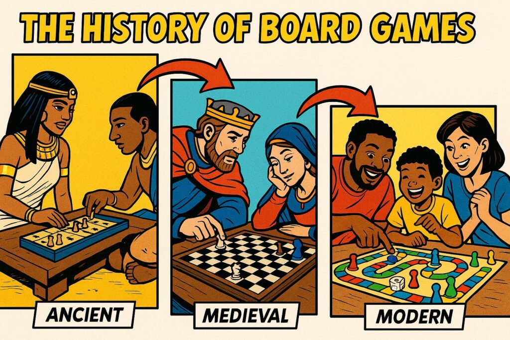 Classic board games and pieces—boards, stones, or dice—representing the physical roots of structured play.